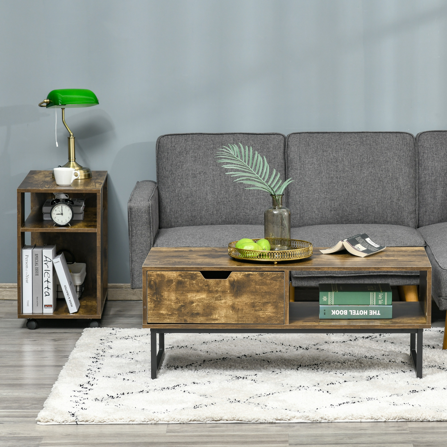 HOMCOM Industrial Coffee Table | Wooden End Table with Shelf and Drawer - BEYRUN