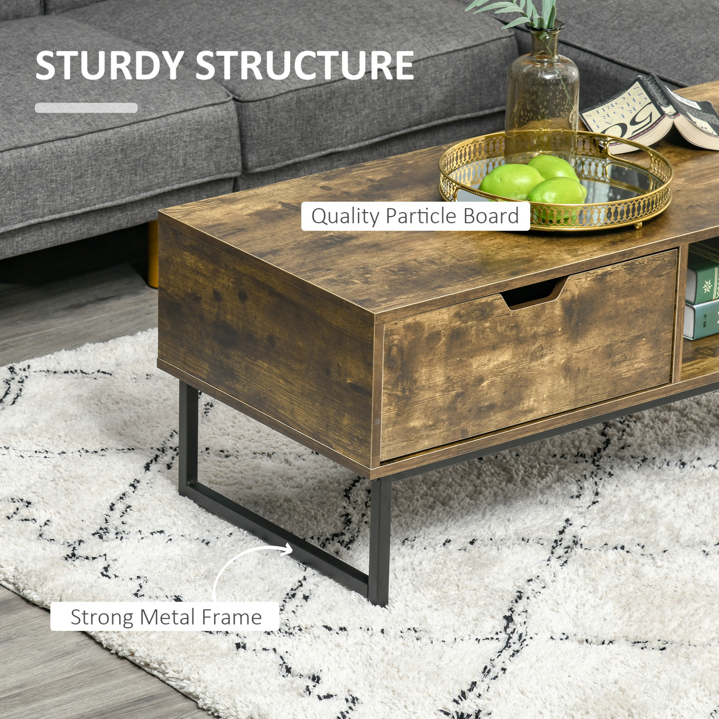 HOMCOM Industrial Coffee Table | Wooden End Table with Shelf and Drawer - BEYRUN