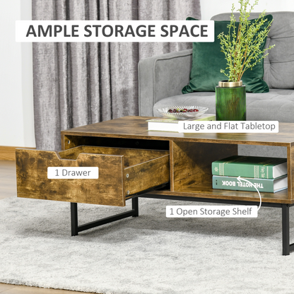 HOMCOM Industrial Coffee Table | Wooden End Table with Shelf and Drawer - BEYRUN