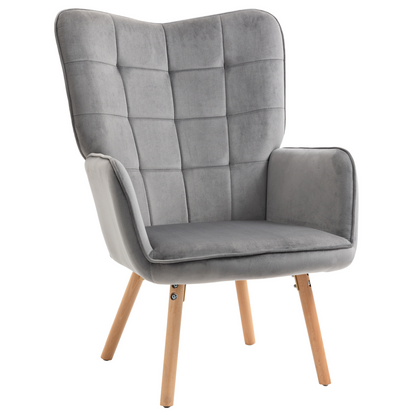 HOMCOM Modern Accent Chair - Velvet-Touch Tufted Wingback Armchair, Upholstered Leisure Lounge Sofa Club Chair with Wood Legs, Grey - BEYRUN