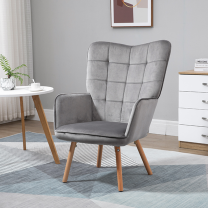 HOMCOM Modern Accent Chair - Velvet-Touch Tufted Wingback Armchair, Upholstered Leisure Lounge Sofa Club Chair with Wood Legs, Grey - BEYRUN