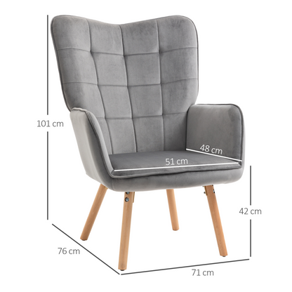 HOMCOM Modern Accent Chair - Velvet-Touch Tufted Wingback Armchair, Upholstered Leisure Lounge Sofa Club Chair with Wood Legs, Grey - BEYRUN