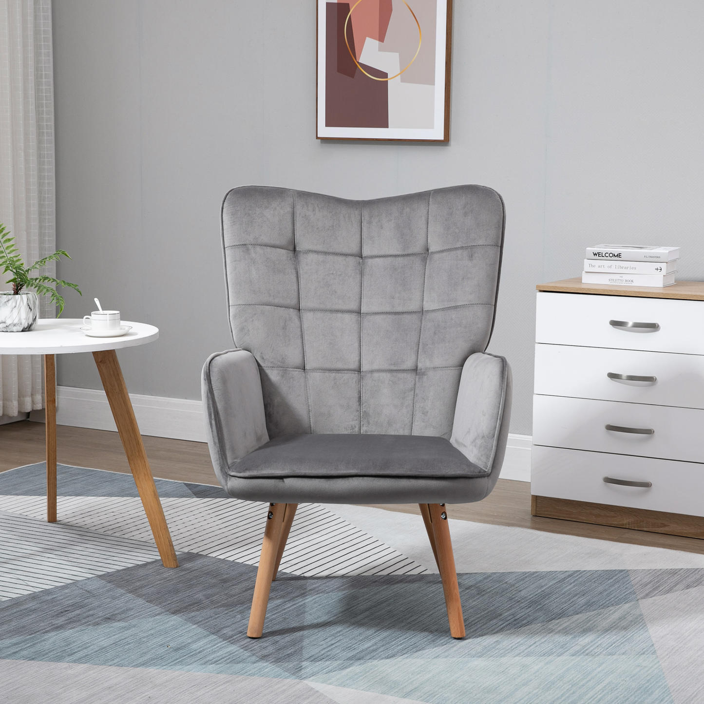 HOMCOM Modern Accent Chair - Velvet-Touch Tufted Wingback Armchair, Upholstered Leisure Lounge Sofa Club Chair with Wood Legs, Grey - BEYRUN