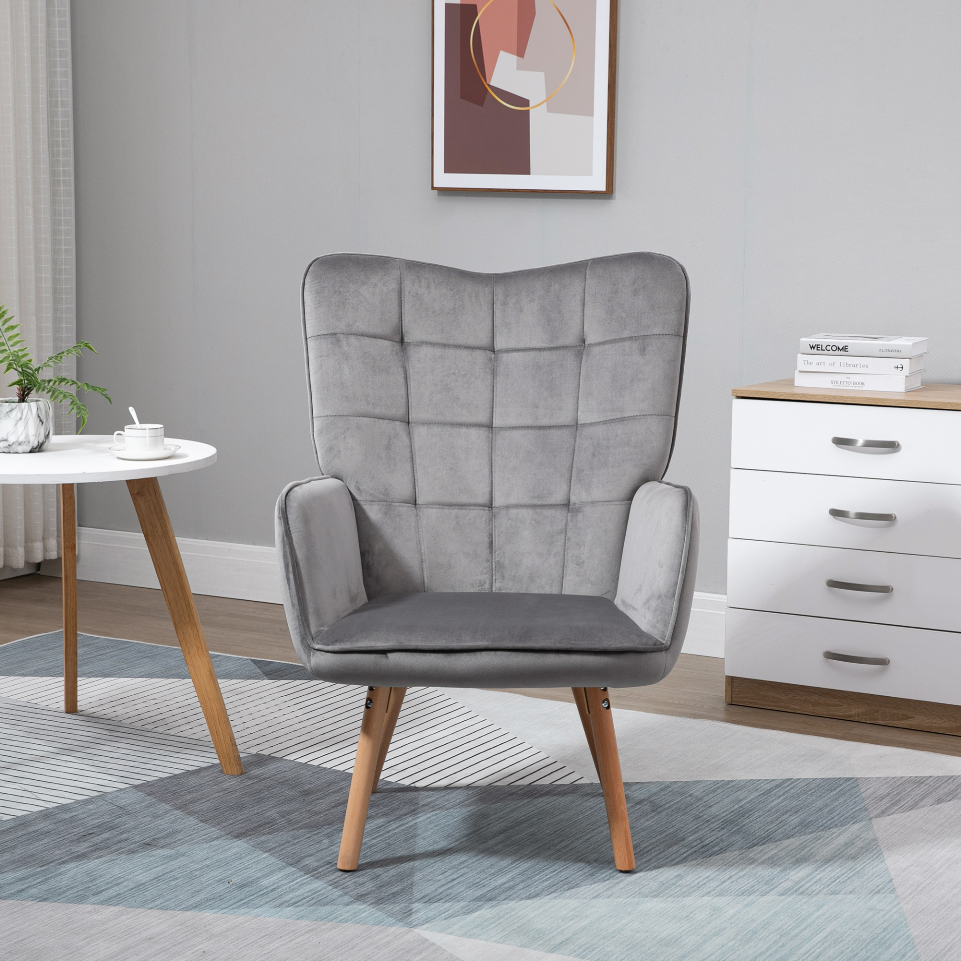 HOMCOM Modern Accent Chair - Velvet-Touch Tufted Wingback Armchair, Upholstered Leisure Lounge Sofa Club Chair with Wood Legs, Grey - BEYRUN