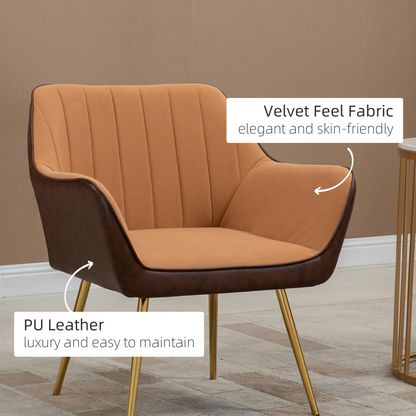 HOMCOM Modern Velvet Armchairs with Gold Steel Legs, Upholstered Accent Chairs for Living Room and Bedroom, Light Brown - Luxe Comfort & Style - BEYRUN