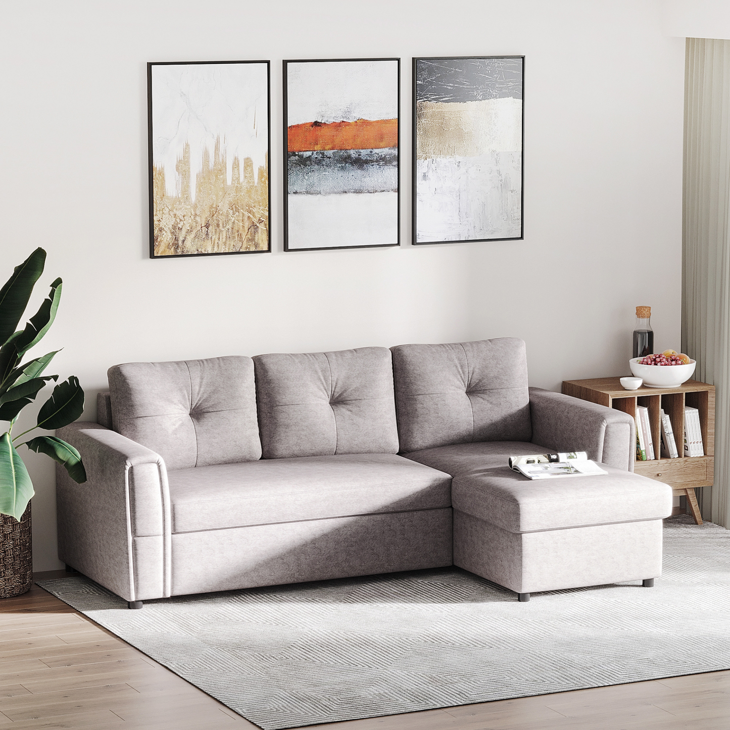 HOMCOM Grey Linen-Look L-Shaped Sofa Bed | Reversible Couch with Storage | Sectional Sleeper Futon for Studio Apartments - BEYRUN