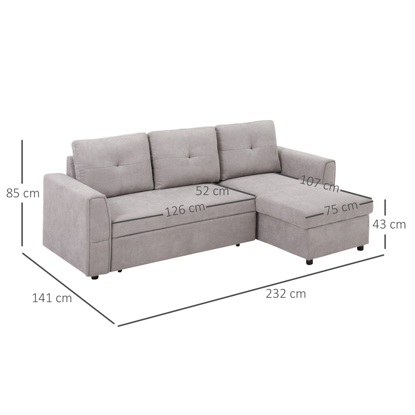 HOMCOM Grey Linen-Look L-Shaped Sofa Bed | Reversible Couch with Storage | Sectional Sleeper Futon for Studio Apartments - BEYRUN