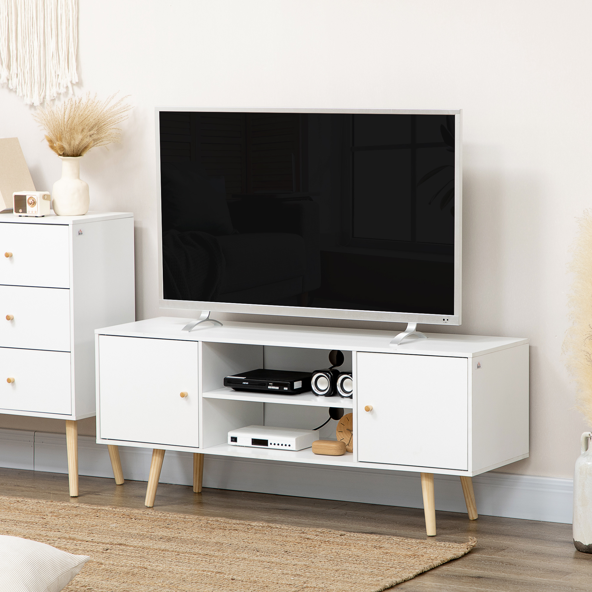 HOMCOM Modern White TV Unit Cabinet with Storage Shelves & Wood Legs for TVs up to 55 Inches - Sleek Living Room TV Stand - BEYRUN