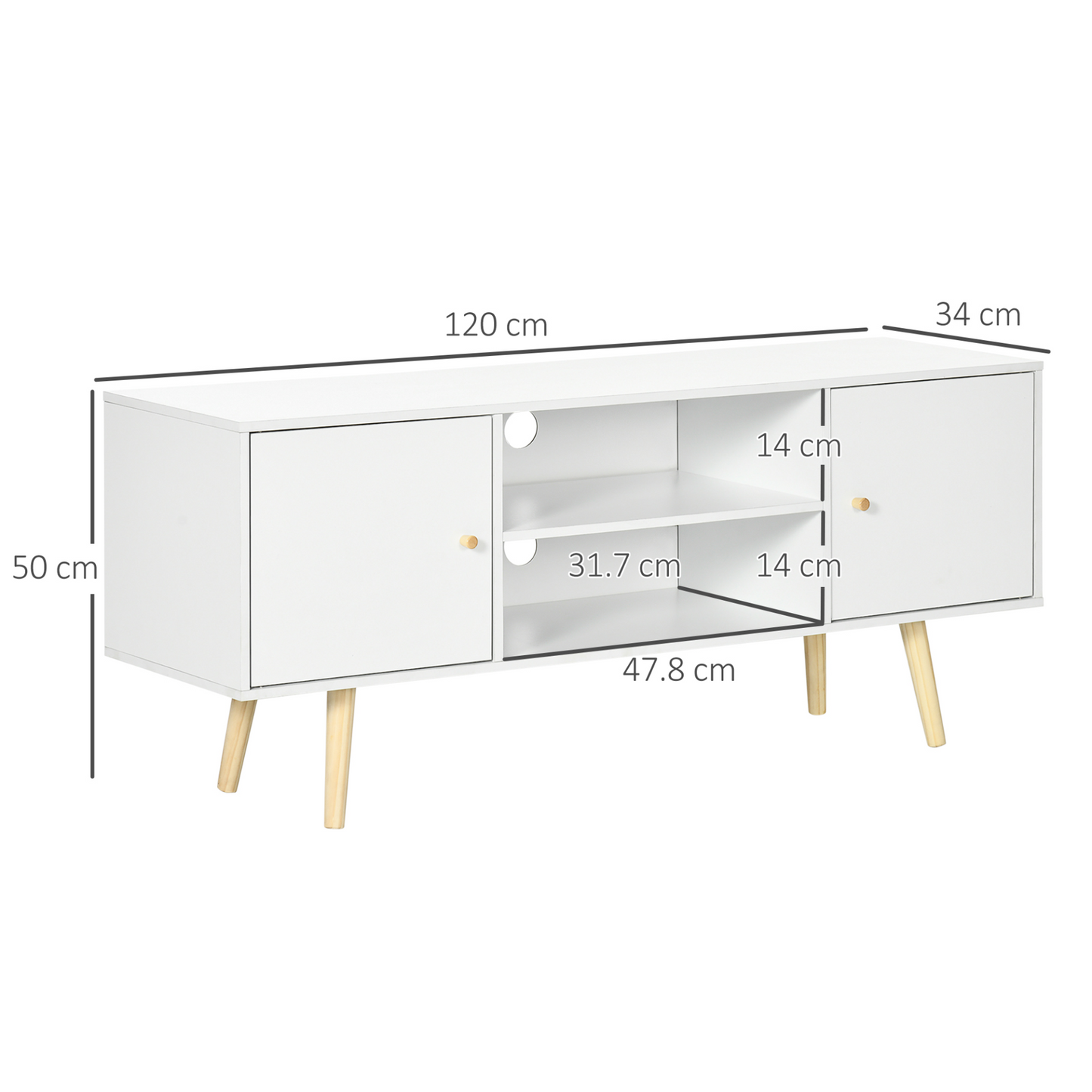 HOMCOM Modern White TV Unit Cabinet with Storage Shelves & Wood Legs for TVs up to 55 Inches - Sleek Living Room TV Stand - BEYRUN