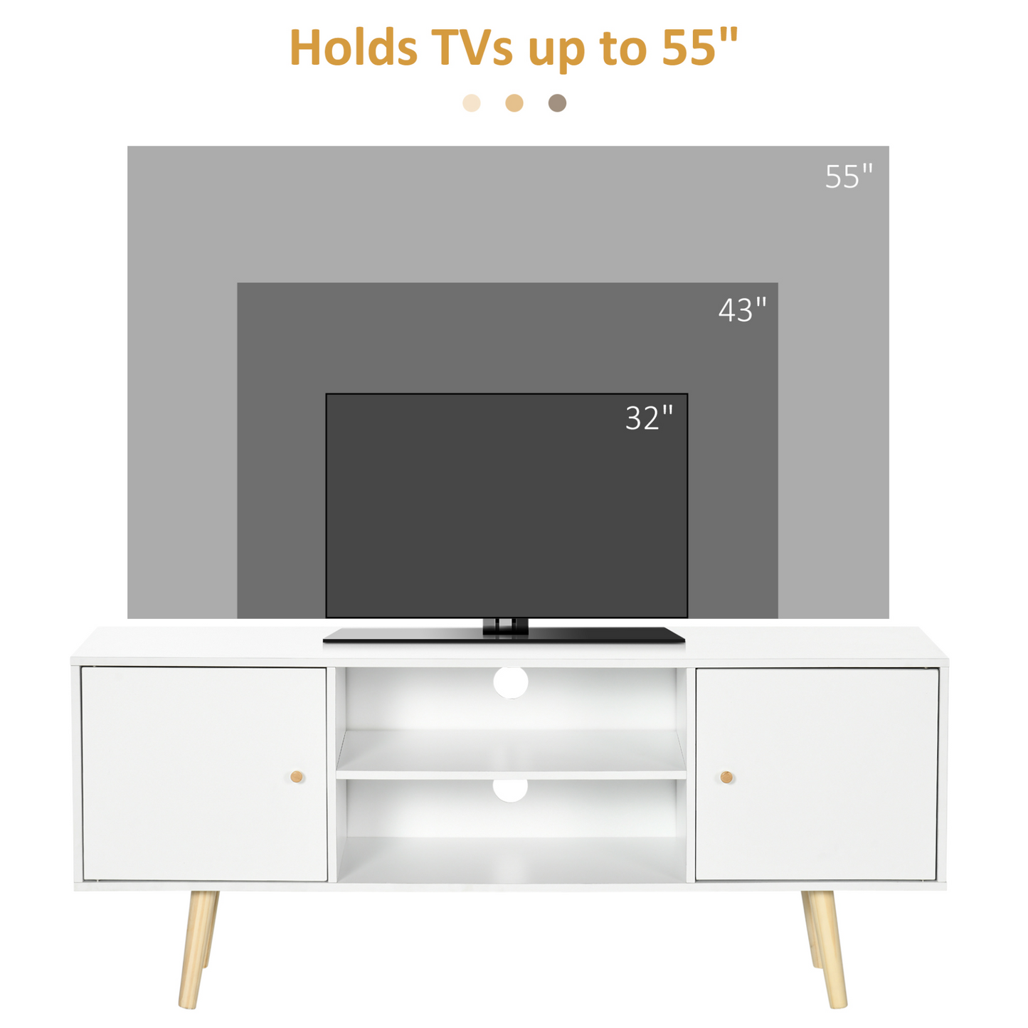 HOMCOM Modern White TV Unit Cabinet with Storage Shelves & Wood Legs for TVs up to 55 Inches - Sleek Living Room TV Stand - BEYRUN