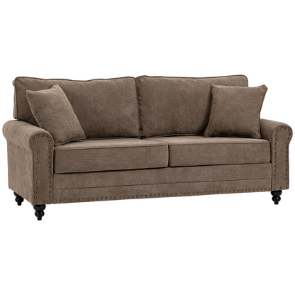 HOMCOM 2 Seater Sofas for Living Room, Brown Fabric Loveseat with Nailhead Trim, Cushions, and Throw Pillows - Perfect for Small Spaces - BEYRUN