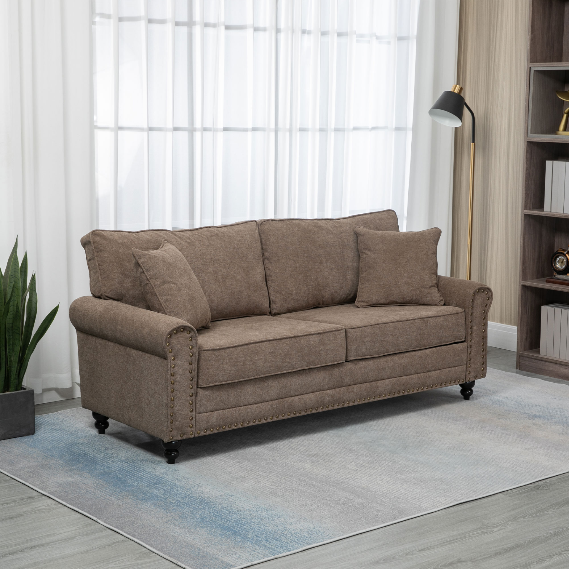 HOMCOM 2 Seater Sofas for Living Room, Brown Fabric Loveseat with Nailhead Trim, Cushions, and Throw Pillows - Perfect for Small Spaces - BEYRUN