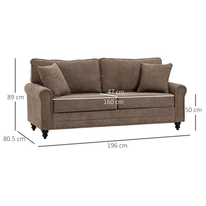 HOMCOM 2 Seater Sofas for Living Room, Brown Fabric Loveseat with Nailhead Trim, Cushions, and Throw Pillows - Perfect for Small Spaces - BEYRUN