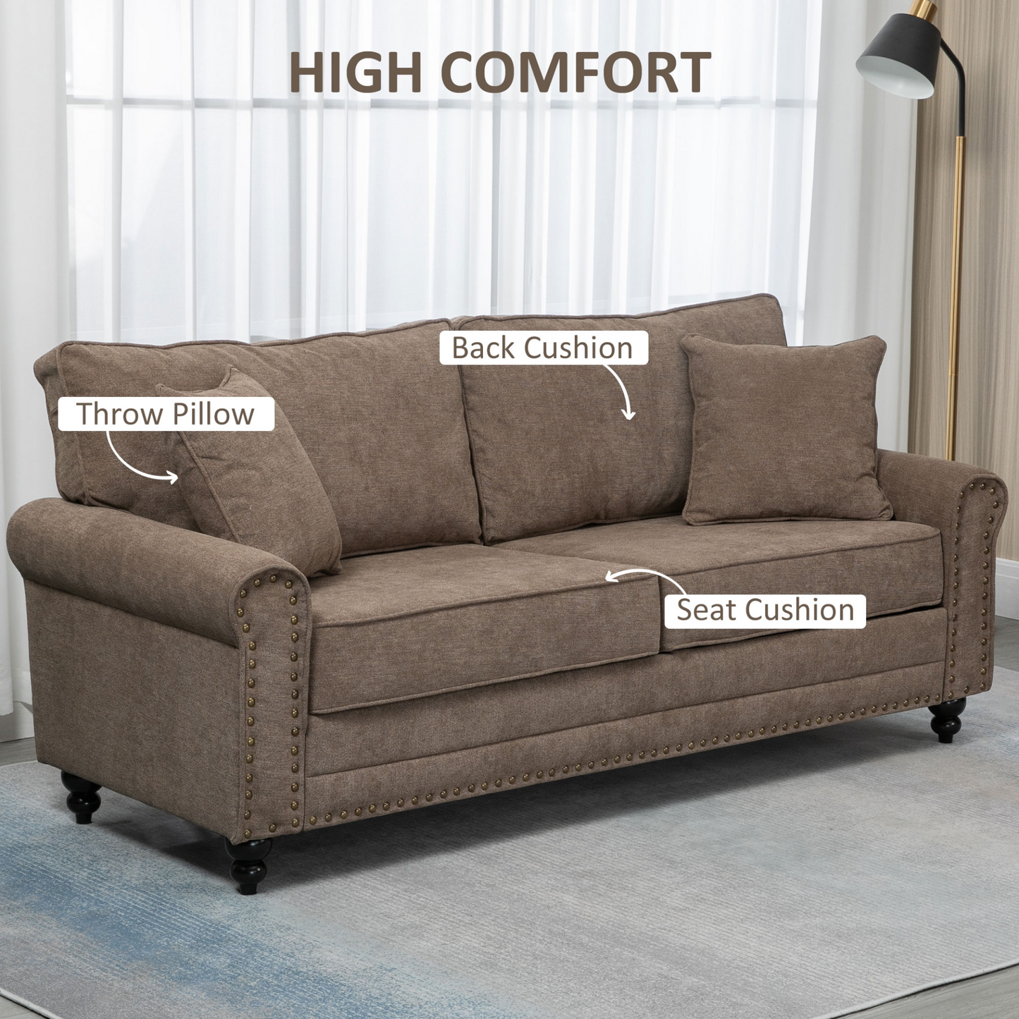 HOMCOM 2 Seater Sofas for Living Room, Brown Fabric Loveseat with Nailhead Trim, Cushions, and Throw Pillows - Perfect for Small Spaces - BEYRUN