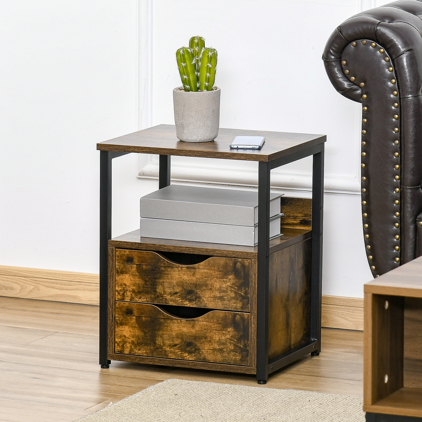 HOMCOM Rustic Brown Industrial Side Table with Drawer - Slim Nightstand with Storage Shelf for Living Room & Bedroom - BEYRUN