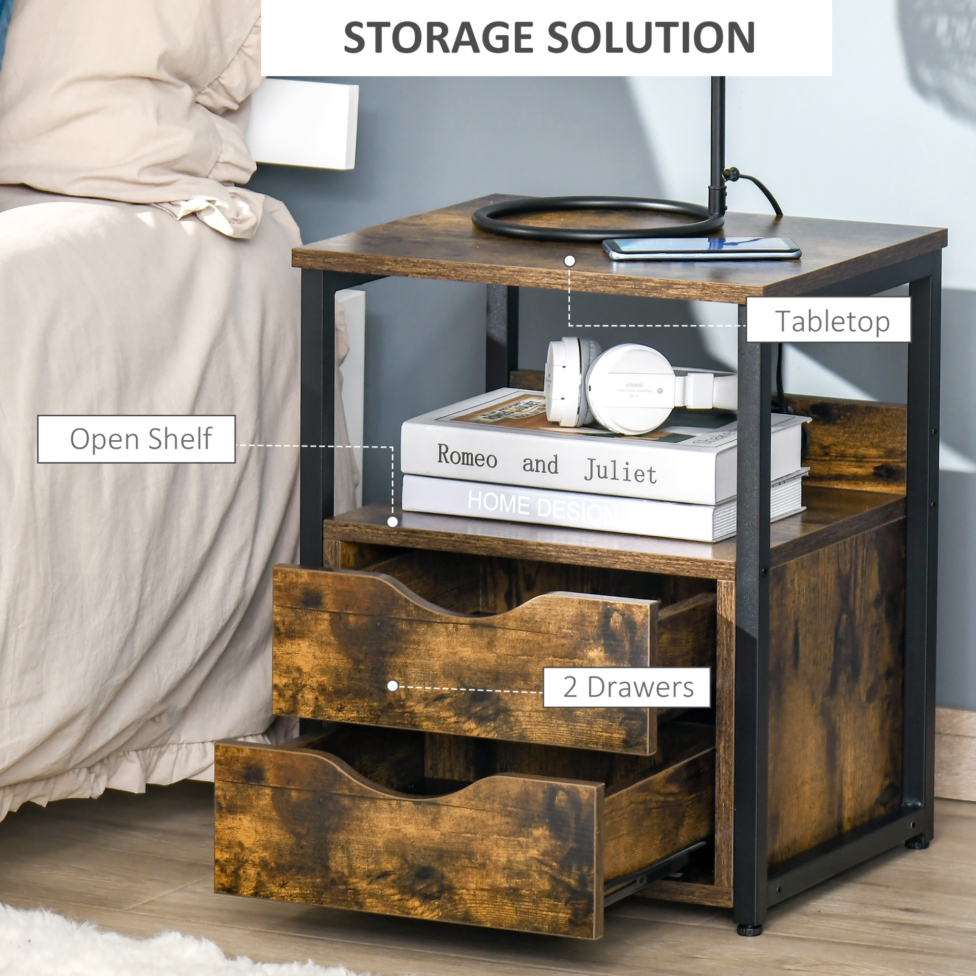 HOMCOM Rustic Brown Industrial Side Table with Drawer - Slim Nightstand with Storage Shelf for Living Room & Bedroom - BEYRUN