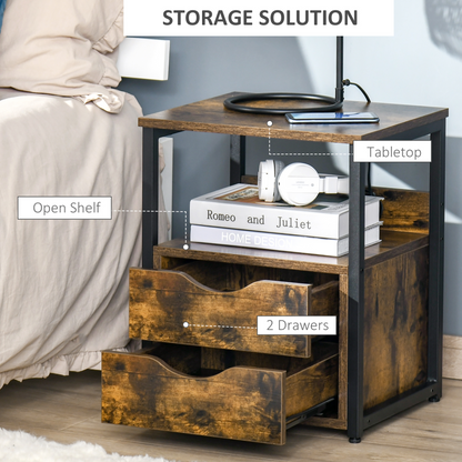 HOMCOM Rustic Brown Industrial Side Table with Drawer - Slim Nightstand with Storage Shelf for Living Room & Bedroom - BEYRUN