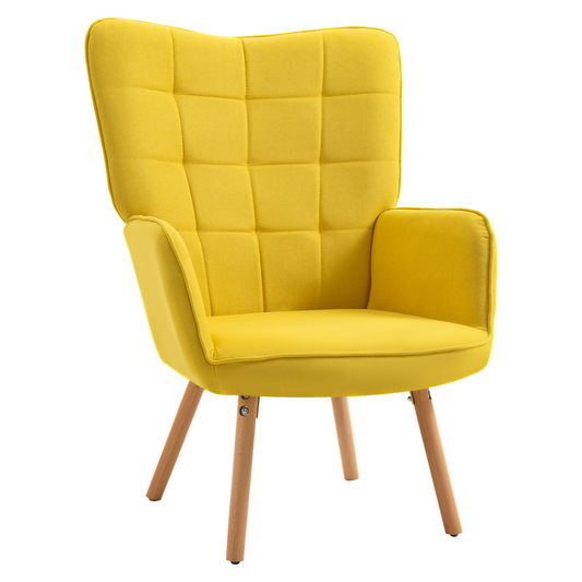 HOMCOM Velvet-Touch Tufted Wingback Armchair - Stylish Yellow Upholstered Club Chair with Wooden Legs - BEYRUN