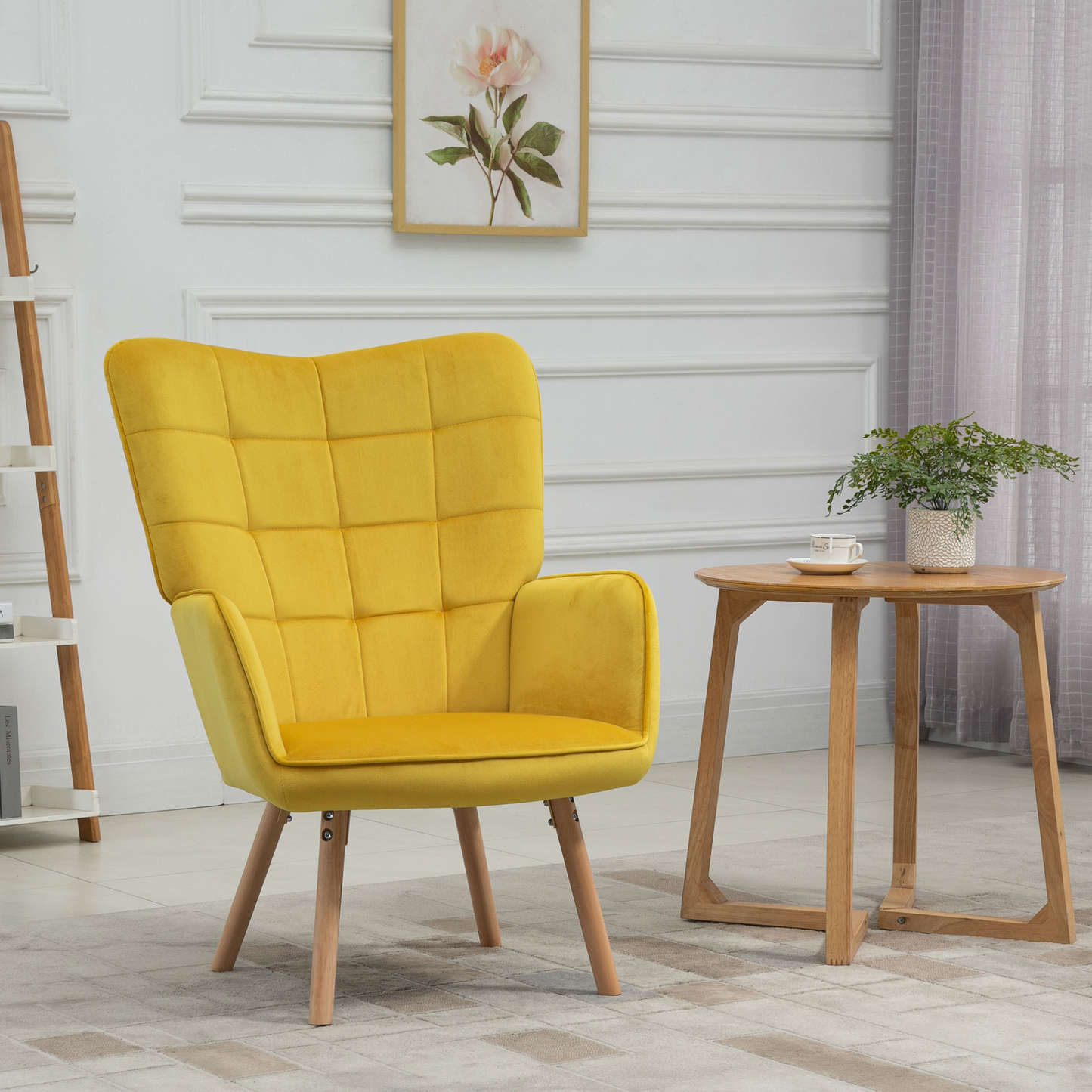 HOMCOM Velvet-Touch Tufted Wingback Armchair - Stylish Yellow Upholstered Club Chair with Wooden Legs - BEYRUN