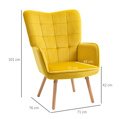 HOMCOM Velvet-Touch Tufted Wingback Armchair - Stylish Yellow Upholstered Club Chair with Wooden Legs - BEYRUN