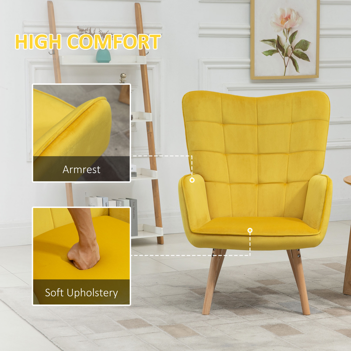 HOMCOM Velvet-Touch Tufted Wingback Armchair - Stylish Yellow Upholstered Club Chair with Wooden Legs - BEYRUN