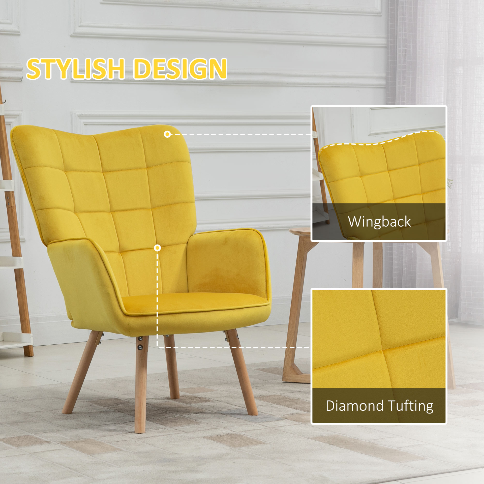 HOMCOM Velvet-Touch Tufted Wingback Armchair - Stylish Yellow Upholstered Club Chair with Wooden Legs - BEYRUN