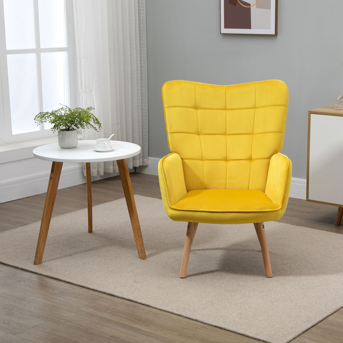 HOMCOM Velvet-Touch Tufted Wingback Armchair - Stylish Yellow Upholstered Club Chair with Wooden Legs - BEYRUN