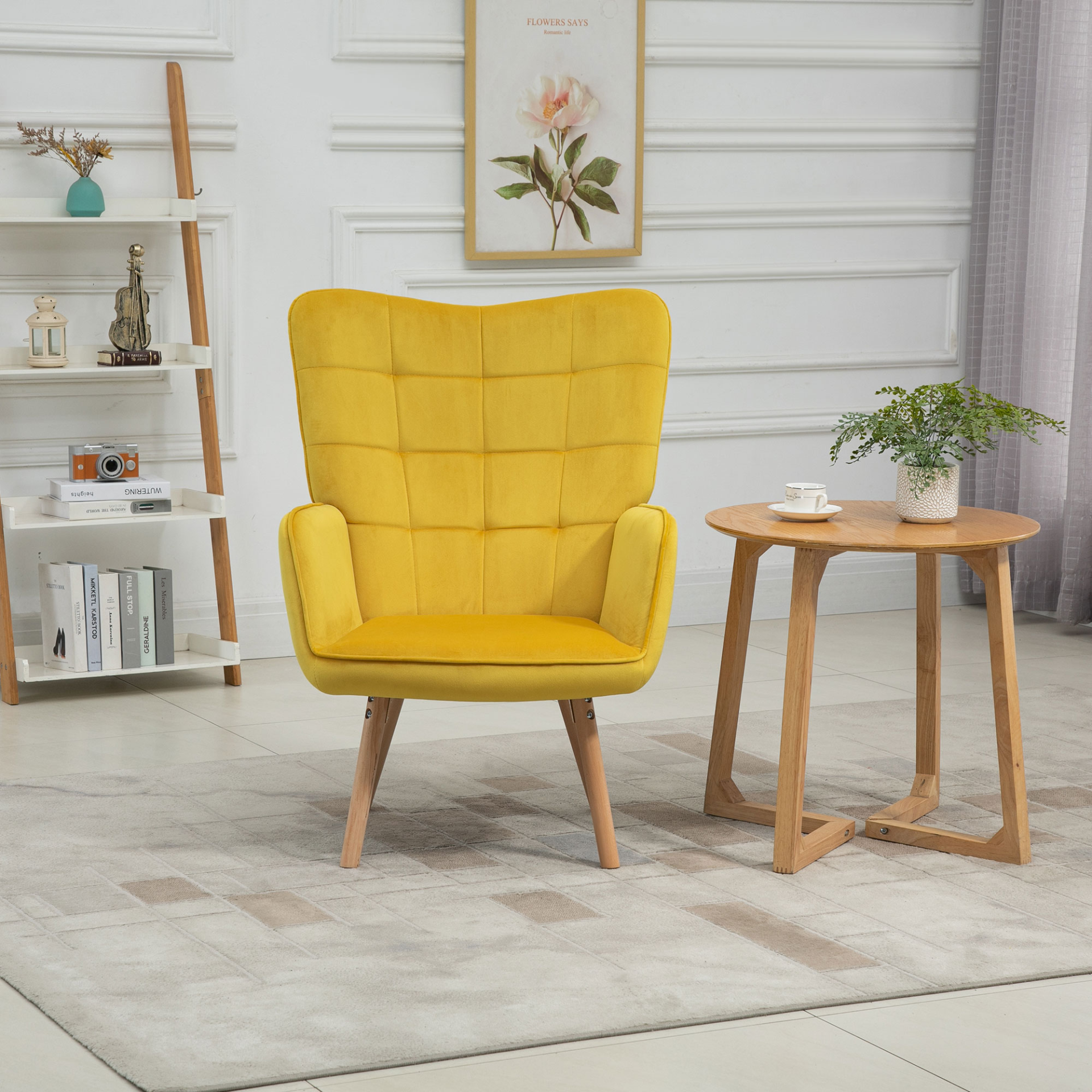 HOMCOM Velvet-Touch Tufted Wingback Armchair - Stylish Yellow Upholstered Club Chair with Wooden Legs - BEYRUN