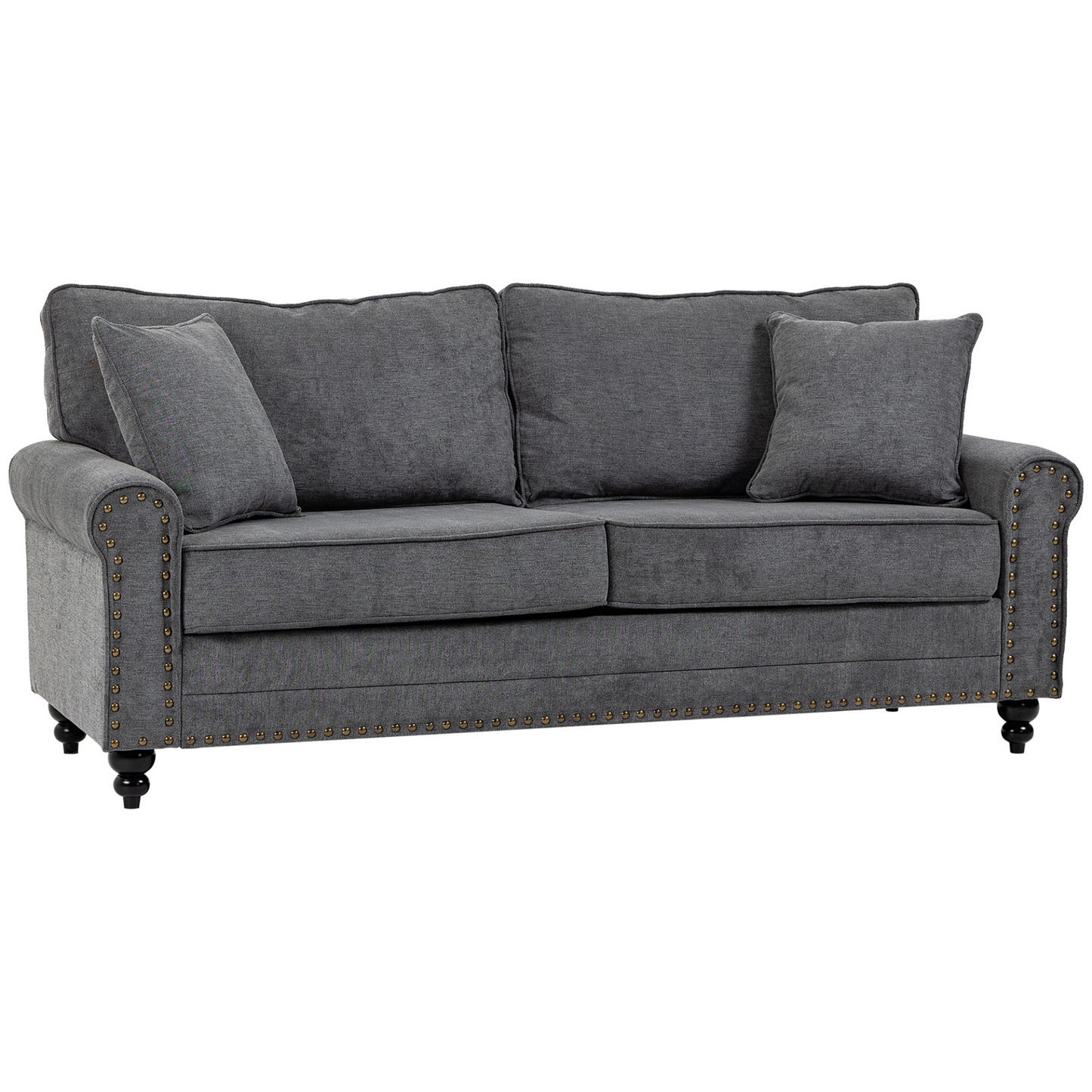 HOMCOM Grey 2 Seater Sofa for Living Room – Fabric Loveseat with Cushions, Throw Pillows & Nailhead Trim - BEYRUN