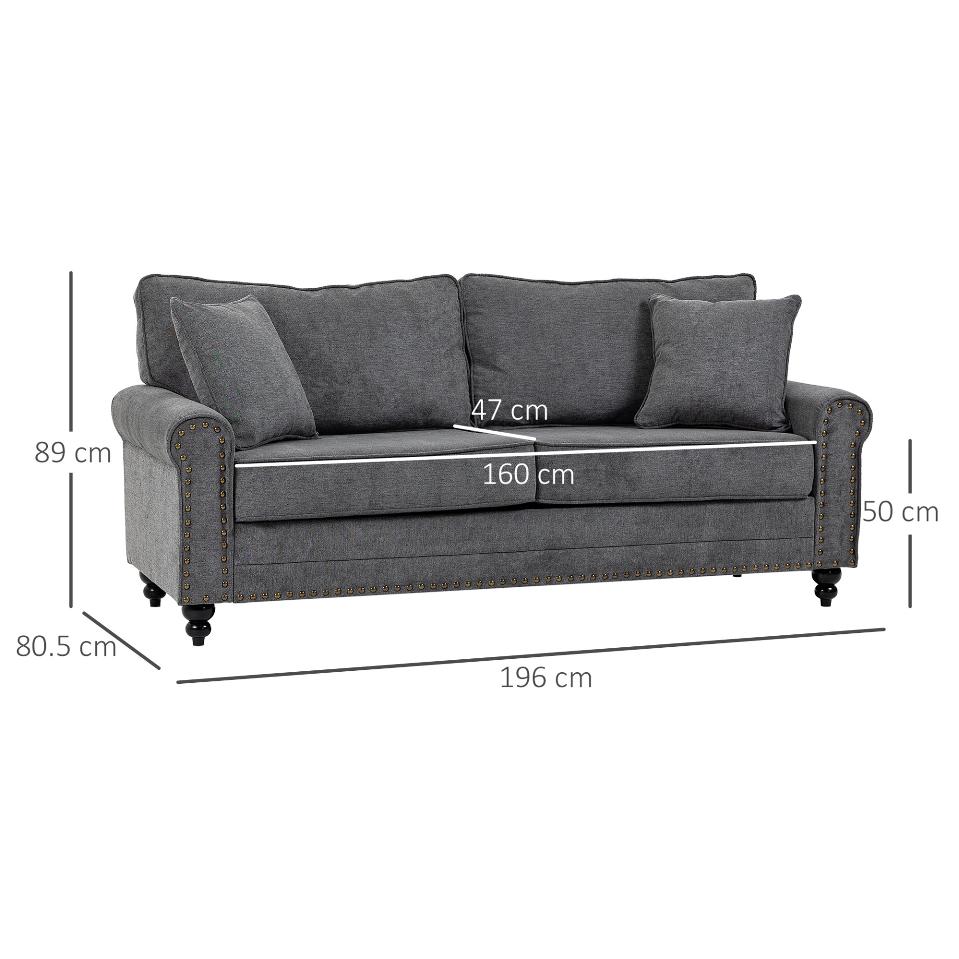 HOMCOM Grey 2 Seater Sofa for Living Room – Fabric Loveseat with Cushions, Throw Pillows & Nailhead Trim - BEYRUN