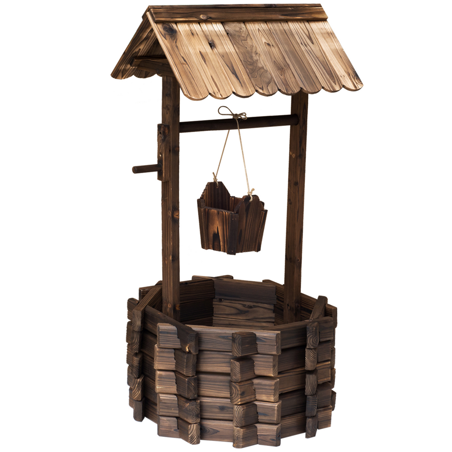 Outsunny Wooden Wishing Well Planter - Rustic Garden Decor with Bucket | Durable Fir Wood | Ample Plant Space - BEYRUN