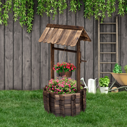 Outsunny Wooden Wishing Well Planter - Rustic Garden Decor with Bucket | Durable Fir Wood | Ample Plant Space - BEYRUN