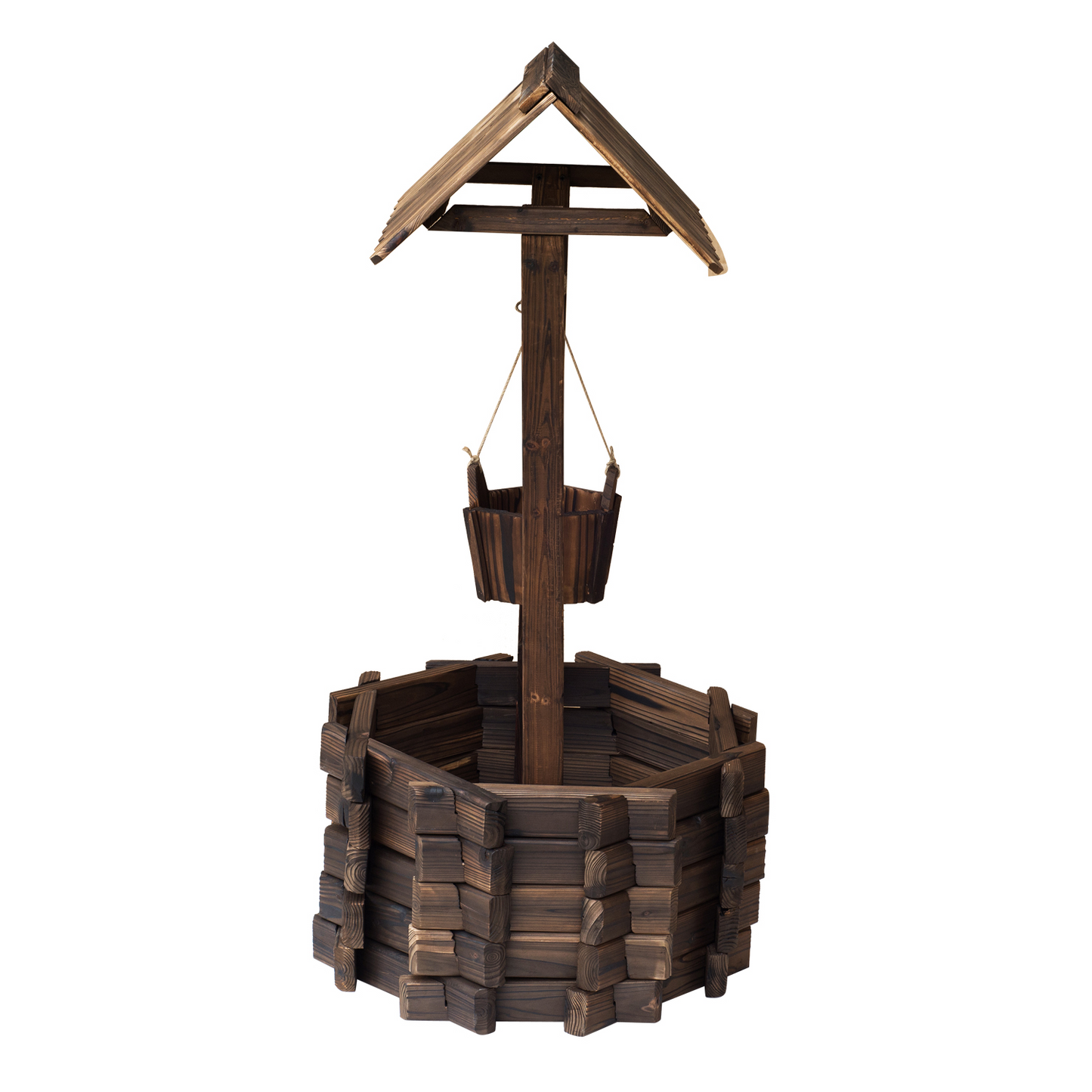 Outsunny Wooden Wishing Well Planter - Rustic Garden Decor with Bucket | Durable Fir Wood | Ample Plant Space - BEYRUN