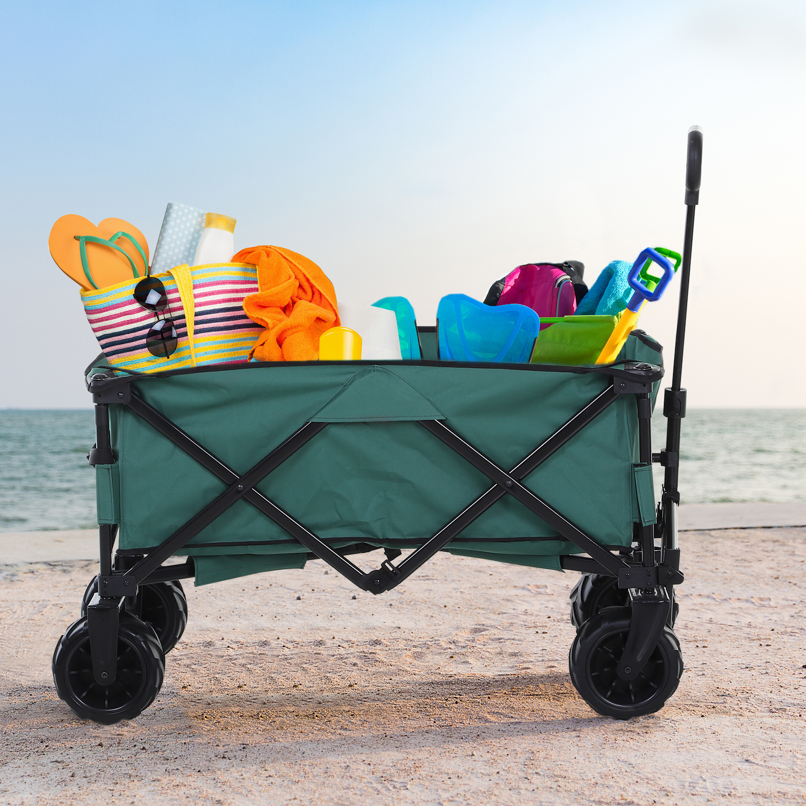 Outsunny Folding Outdoor Cart - Portable Pull Along Wagon with Telescopic Handle & Anti-Slip Wheels - Ideal for Beach & Garden, Green - BEYRUN