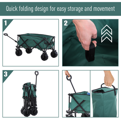 Outsunny Folding Outdoor Cart - Portable Pull Along Wagon with Telescopic Handle & Anti-Slip Wheels - Ideal for Beach & Garden, Green - BEYRUN