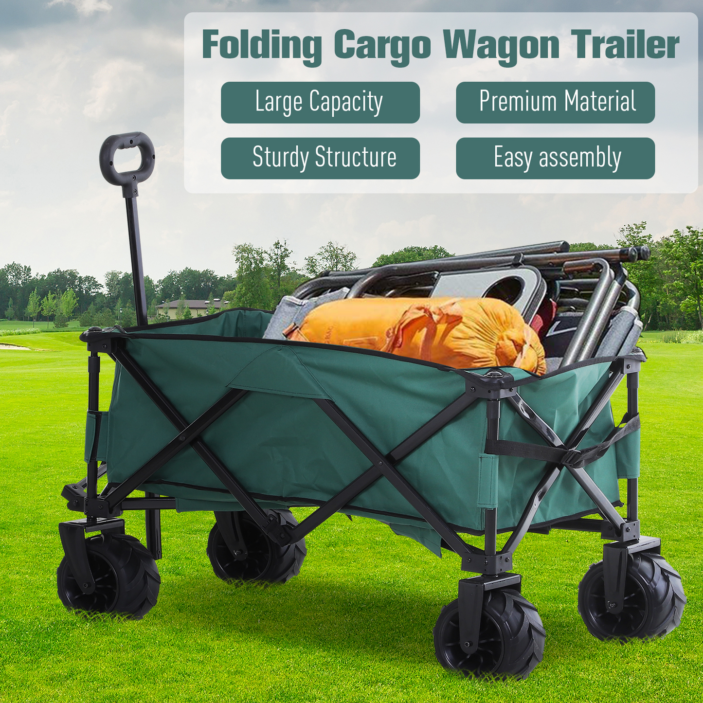 Outsunny Folding Outdoor Cart - Portable Pull Along Wagon with Telescopic Handle & Anti-Slip Wheels - Ideal for Beach & Garden, Green - BEYRUN