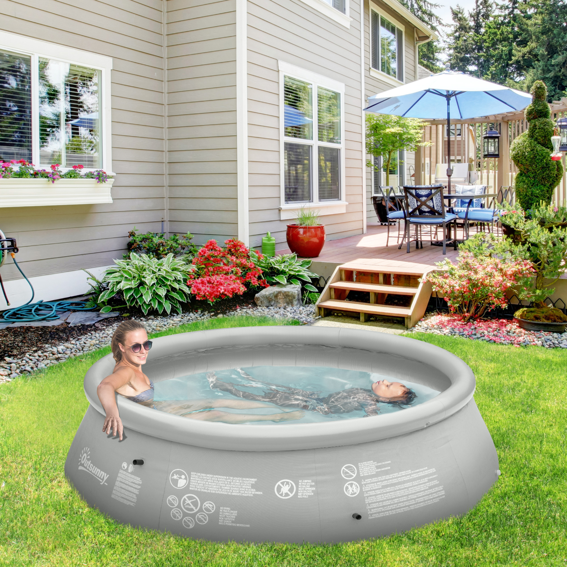 Outsunny 274cm x 76cm Family-Sized Inflatable Swimming Pool with Hand Pump - Ideal for Kids & Adults - Perfect for Garden & Backyard - Grey - BEYRUN