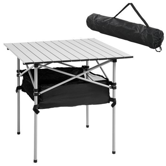 Outsunny Aluminum Roll-Top Table with Mesh Bag - Lightweight and Portable Camping and Outdoor Dining Furniture - Silver - BEYRUN