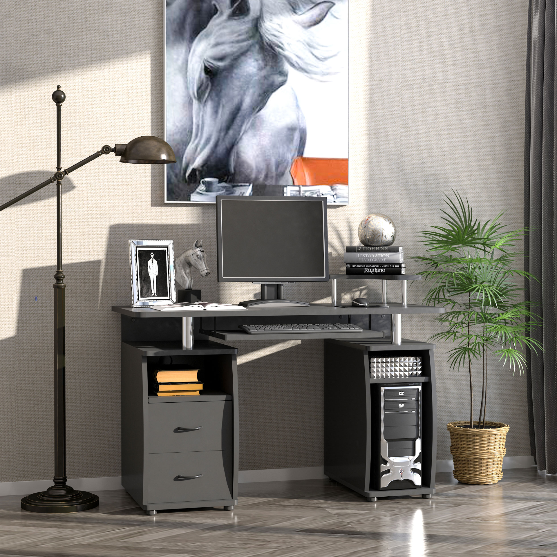 HOMCOM Black Computer Desk with Keyboard Tray, CPU Shelf & Drawers - Perfect for Home Office - BEYRUN