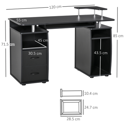 HOMCOM Black Computer Desk with Keyboard Tray, CPU Shelf & Drawers - Perfect for Home Office - BEYRUN