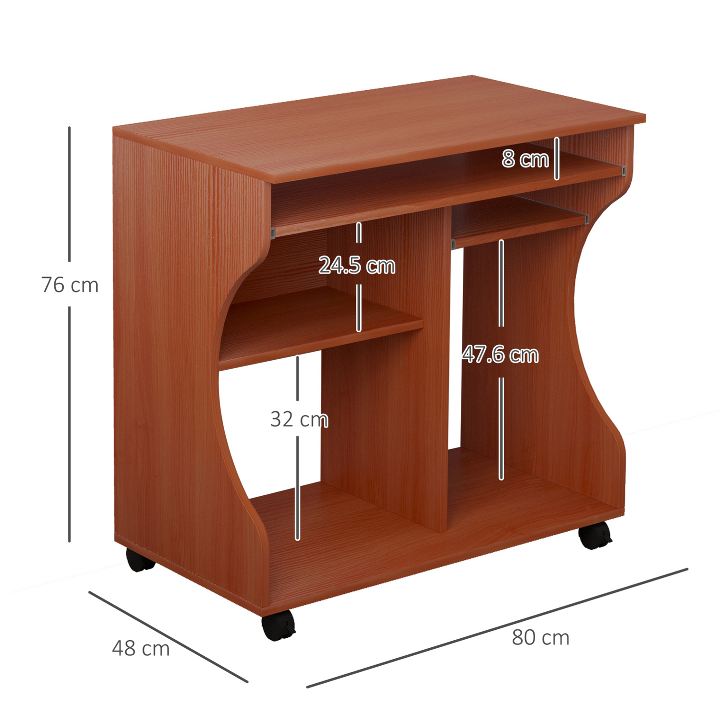 HOMCOM Movable Computer Desk - Compact Workstation with Keyboard Tray & Storage Shelves on Wheels - Ideal for Home Office & Study - 80x48x76cm - BEYRUN