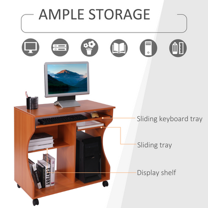 HOMCOM Movable Computer Desk - Compact Workstation with Keyboard Tray & Storage Shelves on Wheels - Ideal for Home Office & Study - 80x48x76cm - BEYRUN