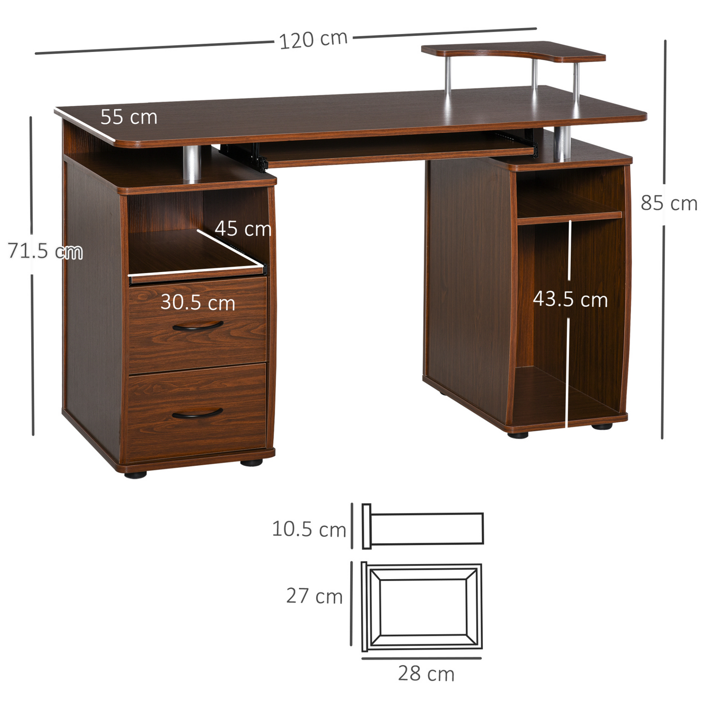 HOMCOM Computer Desk Office PC Table Workstation with Keyboard Tray, CPU Shelf & Drawers, Brown - BEYRUN