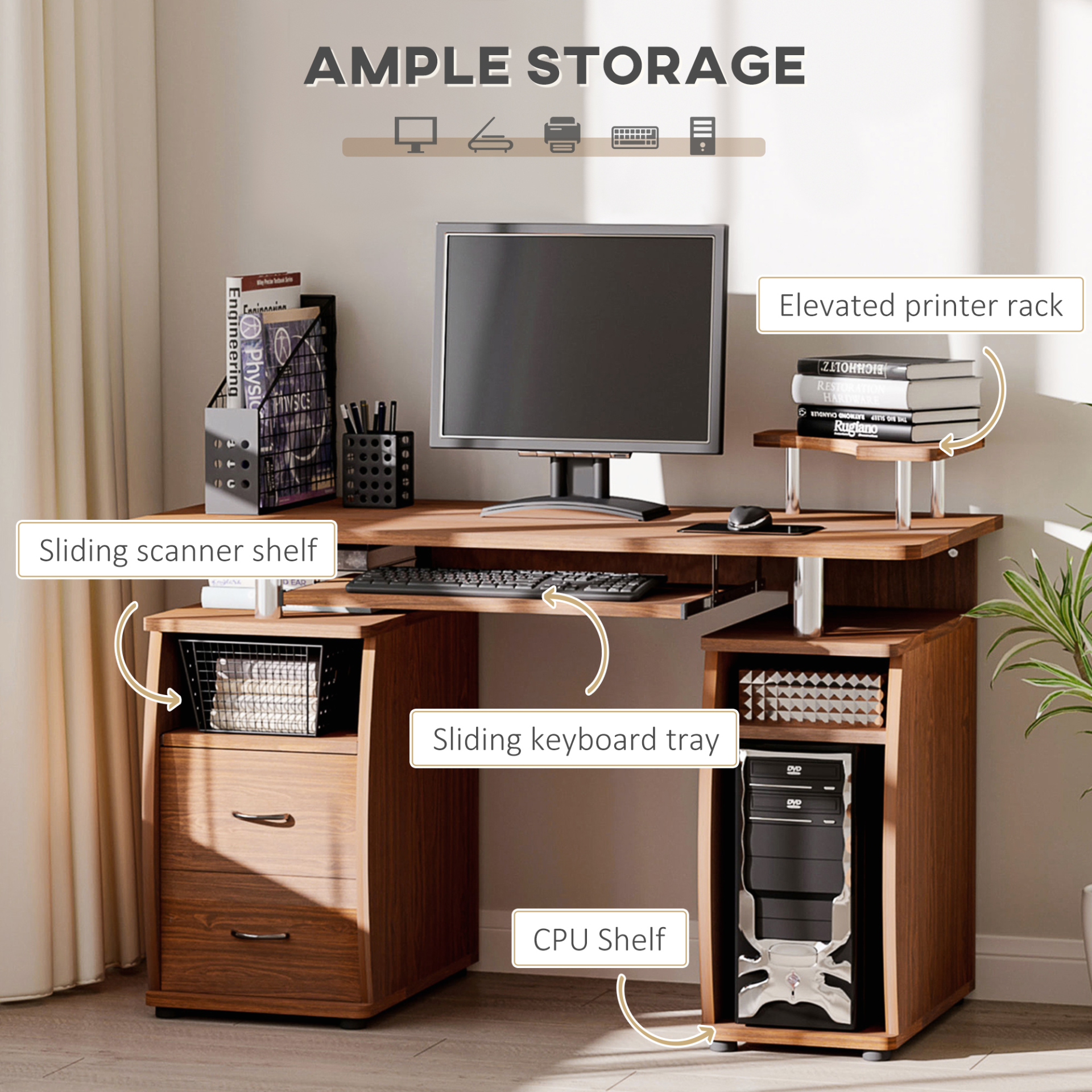 HOMCOM Computer Desk Office PC Table Workstation with Keyboard Tray, CPU Shelf & Drawers, Brown - BEYRUN