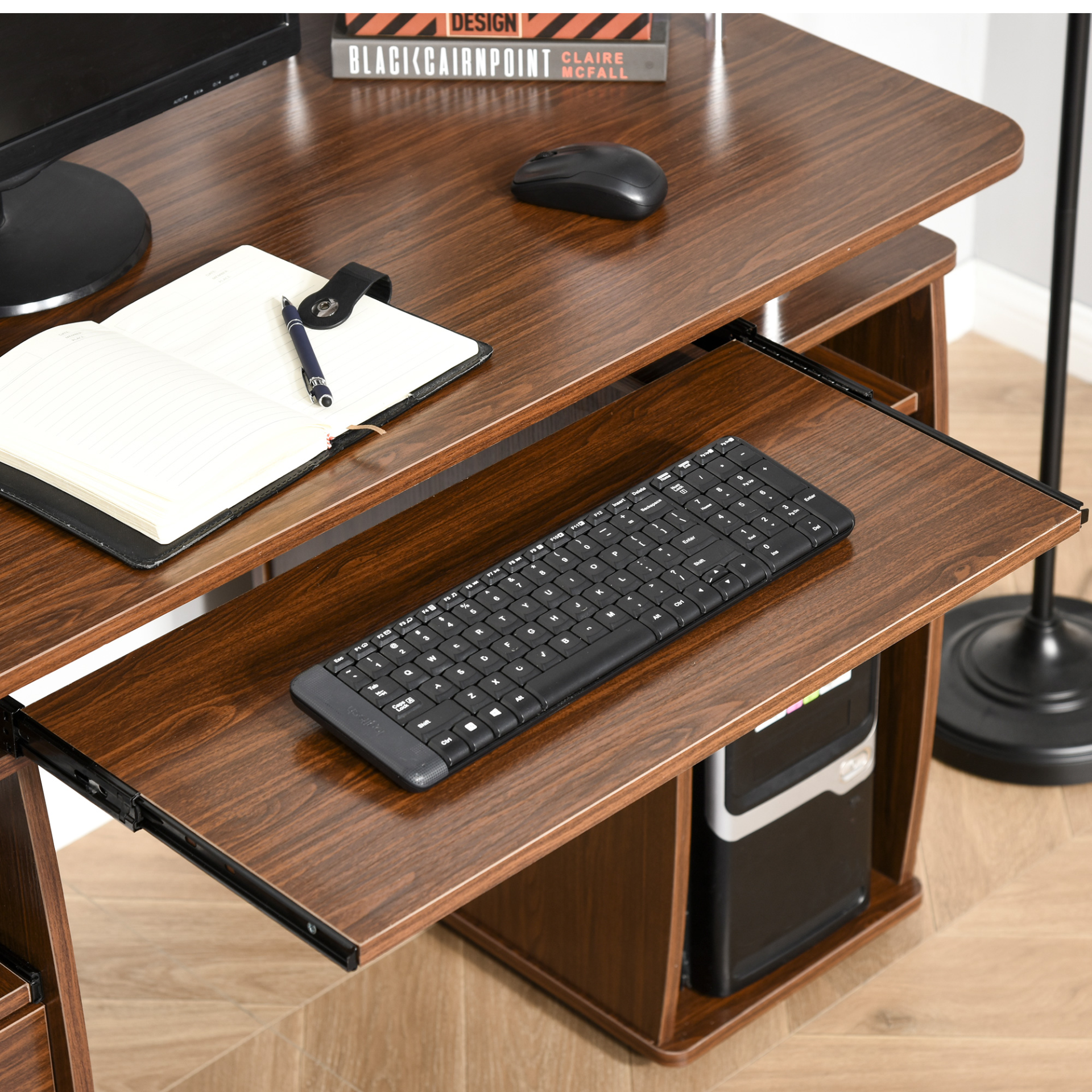 HOMCOM Computer Desk Office PC Table Workstation with Keyboard Tray, CPU Shelf & Drawers, Brown - BEYRUN