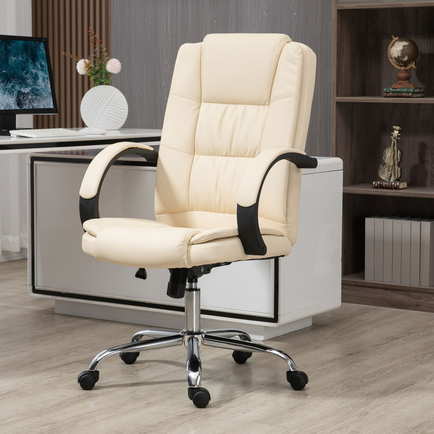 Vinsetto High Back Executive Office Chair - Ergonomic PU Leather Swivel Chair with Padded Armrests, Adjustable Height, and Tilt Function - Beige - BEYRUN