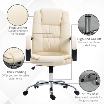 Vinsetto High Back Executive Office Chair - Ergonomic PU Leather Swivel Chair with Padded Armrests, Adjustable Height, and Tilt Function - Beige - BEYRUN