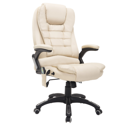 HOMCOM Executive Office Chair with Massage and Heat - High Back Reclining PU Leather Chair, Beige - BEYRUN