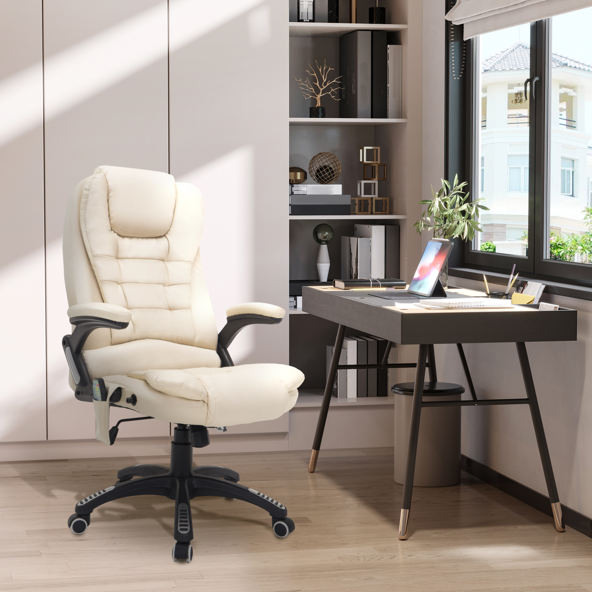 HOMCOM Executive Office Chair with Massage and Heat - High Back Reclining PU Leather Chair, Beige - BEYRUN