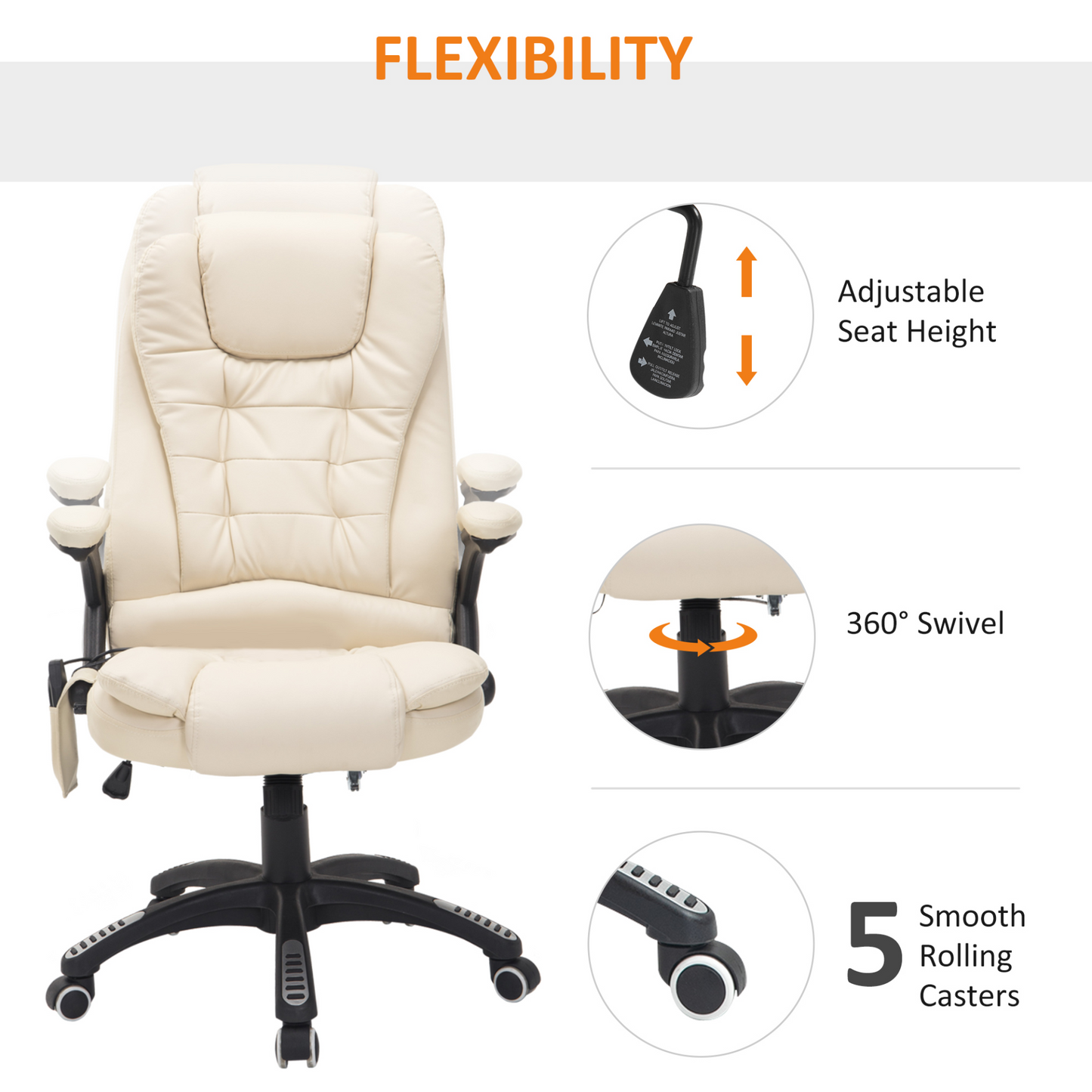 HOMCOM Executive Office Chair with Massage and Heat - High Back Reclining PU Leather Chair, Beige - BEYRUN